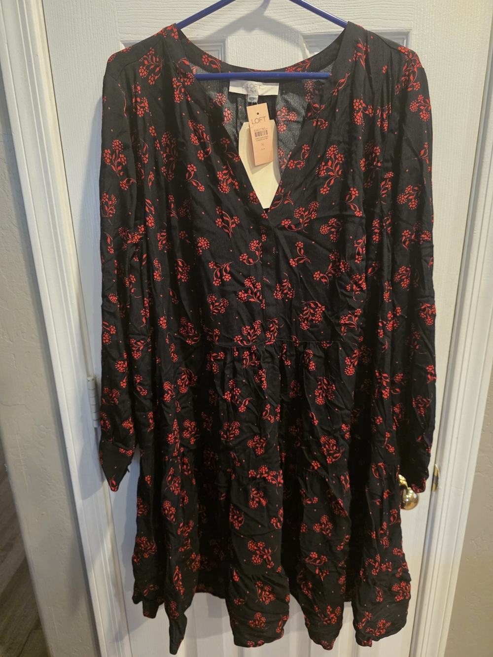 LOFT Black Long-Sleeve Dress with Red Floral Print